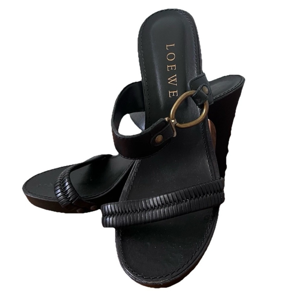 Vintage Loewe Black Leather Slide Sandals with Brass Ring Accent Size 39.9 Y2K